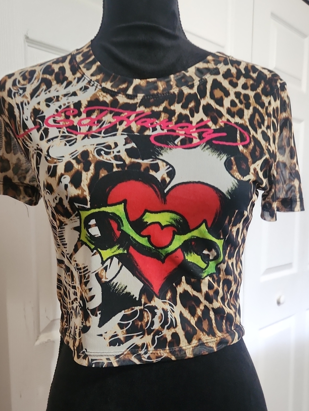 Ed Hardy Mesh Leopard Print Crop Top with Red Heart and Neon Green Detail
